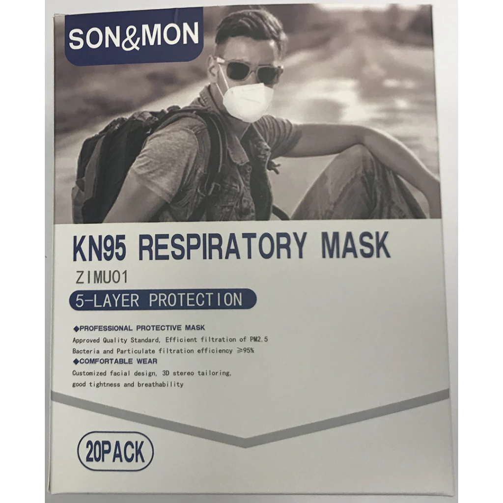 SON&MON KN95 Mask, White, 20/box. 5-Layer ≥95% Particle Filtration Efficiency