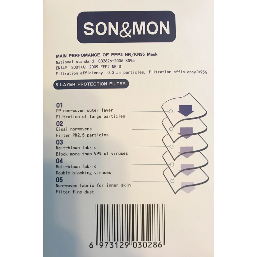 SON&MON KN95 Mask, White, 20/box. 5-Layer ≥95% Particle Filtration Efficiency