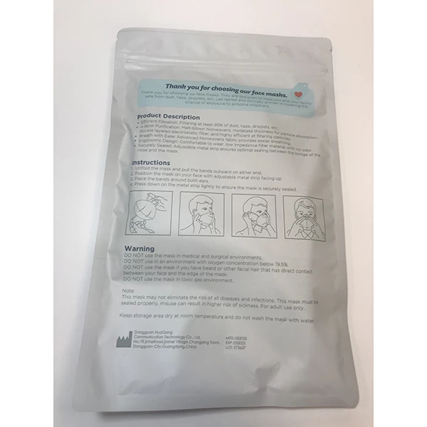 Mascarilla KN95 DongGuan HuaGang, 4 capas - Blanca, 5/unid. Filtración de partículas ≥95%