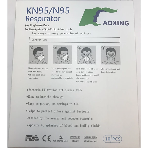 Mascarilla AOXING KN95 - Blanca, 10/unid. >95% de eficiencia de filtración de bacterias (BFE)