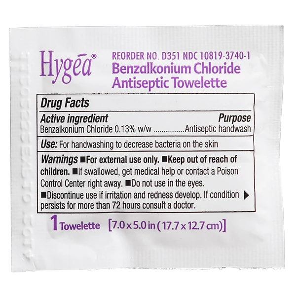 Toallitas antisépticas de cloruro de benzalconio Hygea, 100/unid. Envoltura individual.
