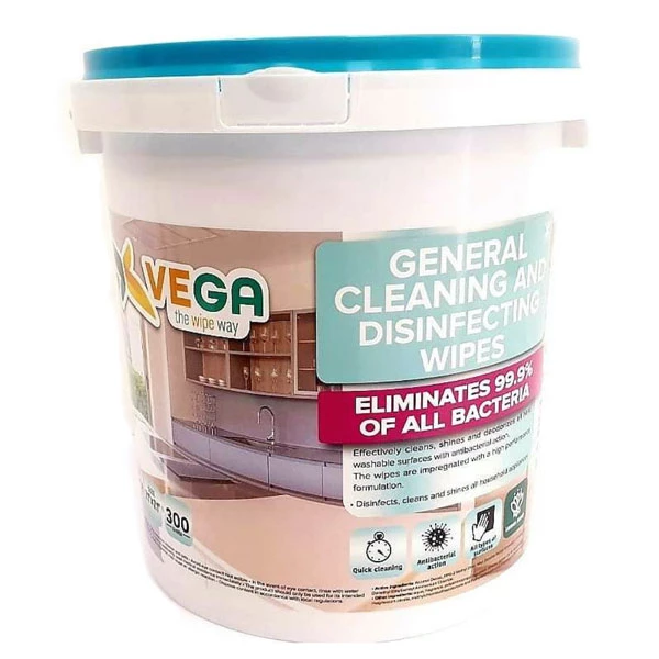 Vega General Cleaning and Disinfecting Wipes 300/Bucket. Size 7.1" x 7.1". Wet