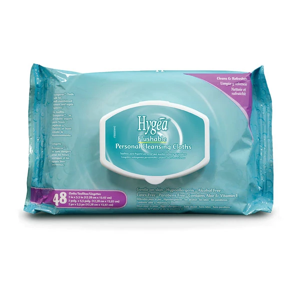 Hygea Flushable Personal Cleansing Cloths, Case of 12 Softpacks, 48 wipes each