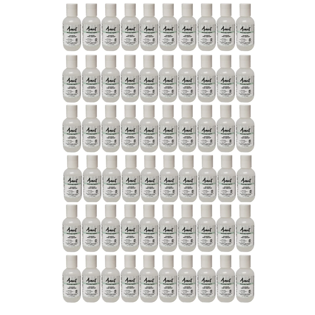 Gel igienizzante per mani Avant, confezione da 60 bottiglie da 2oz (60ml). 70% di alcol etilico.