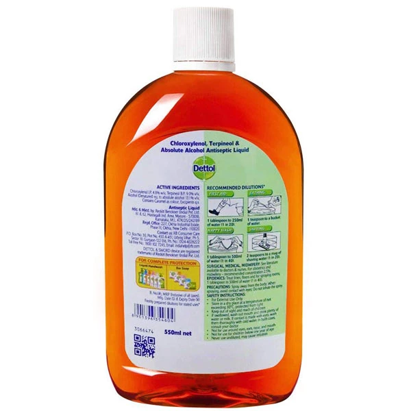 Dettol Líquido Antisséptico Desinfetante, 550 mL EMBALAGEM PARA EXPORTAÇÃO. Para primeiros socorros.