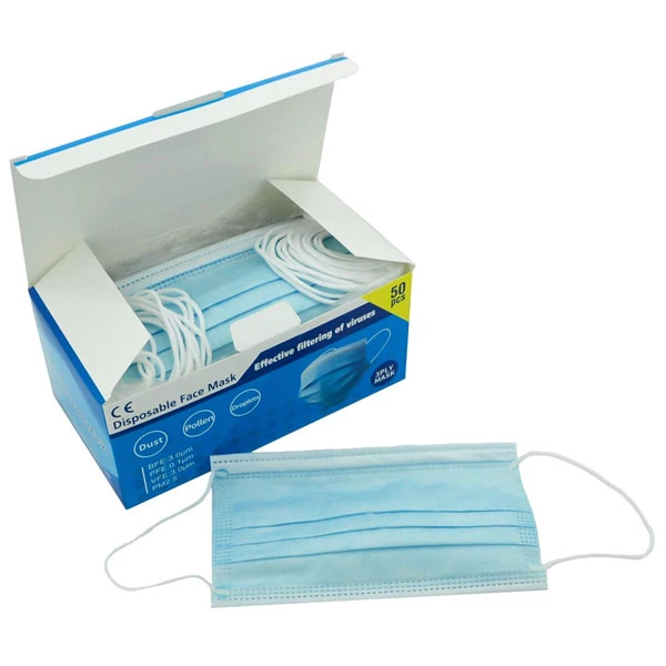 Mascarillas AIDEKANG azules con pliegues y lazo para la oreja, 50 por caja. No tejidas de 3 capas.