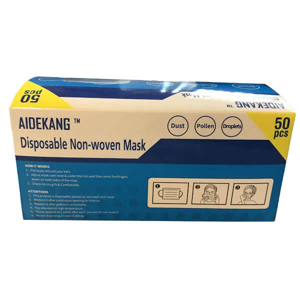 Mascarillas AIDEKANG azules con pliegues y lazo para la oreja, 50 por caja. No tejidas de 3 capas.