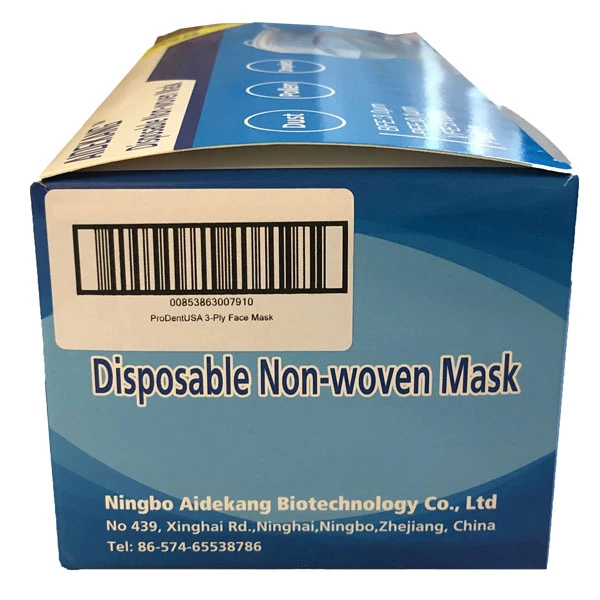 Mascarillas AIDEKANG azules con pliegues y lazo para la oreja, 50 por caja. No tejidas de 3 capas.