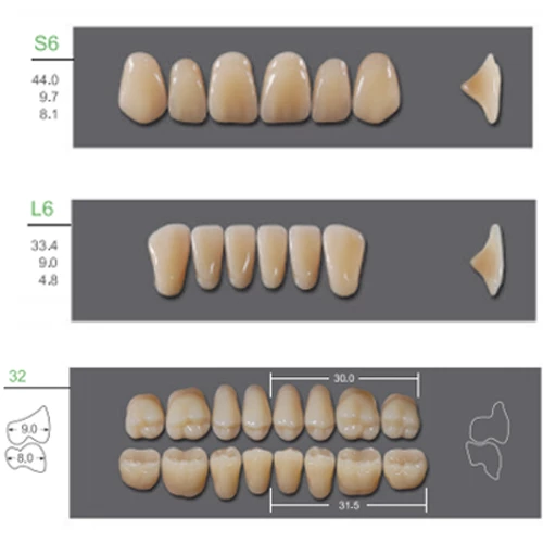 Dientes de dentadura de polímero sintético Kaili, S6/L6/32, tono A2, 4 juegos completos.