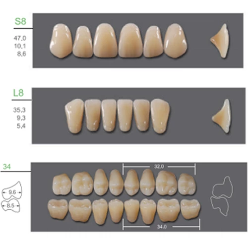 Dientes de dentadura de polímero sintético Kaili, S8/L8/34, tono A2, 4 juegos completos.