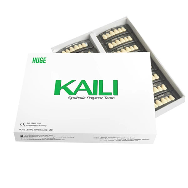 Denti in polimero sintetico Kaili, misura T4, tonalità B1, 16 set anteriori superiori.