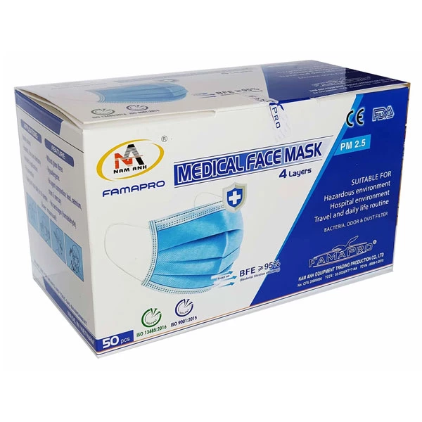 Famapro Earloop Disposable Face Mask, Blue, 50/Box. BFE >= 95%. Due