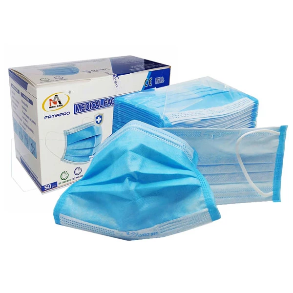 Famapro Earloop Disposable Face Mask, Blue, 50/Box. BFE >= 95%. Due