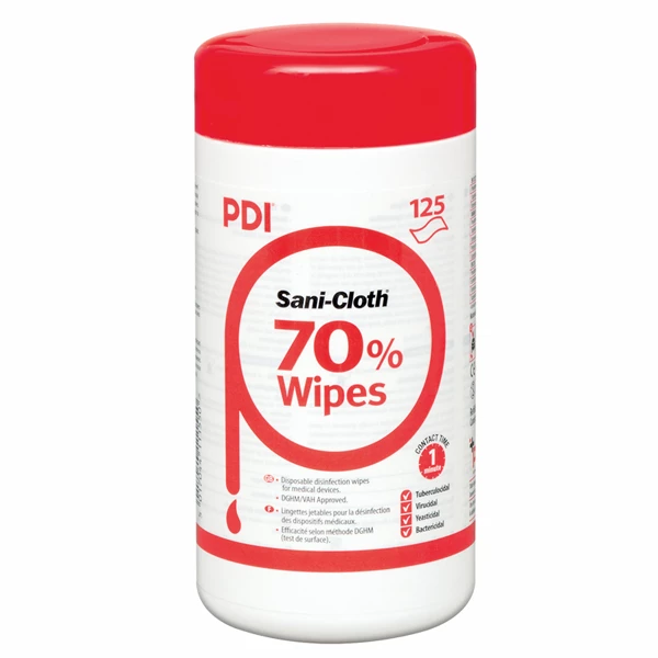 Toallitas desinfectantes Sani-Cloth 70, 7.2" x 5.2", 70% de alcohol isopropílico, 125 toallitas/frasco.