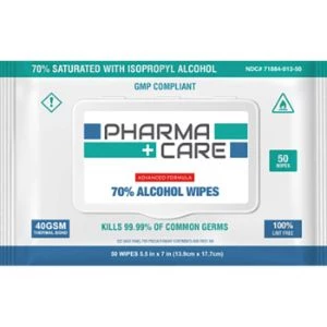 Pharmacare 70% Isopropyl Alcohol Wipes, 5.5"x7", 50/pack