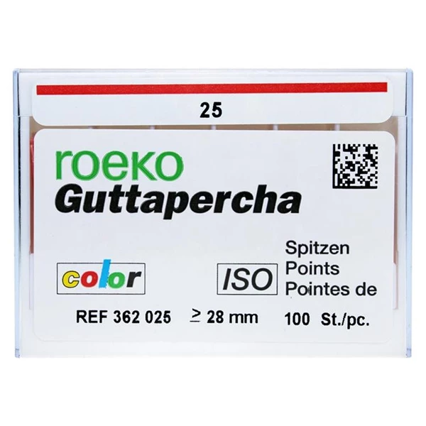 Roeko #25 Guttapercha-Spitzen. 100/Stück pro Box. EXPORTVERPACKUNG. Farbcodierte Spitzen.