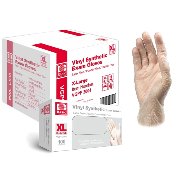 Guantes de examen de vinilo médico básicos - TAMAÑO X-LARGE Caja de 10 x 100/Caja. Sin polvo.