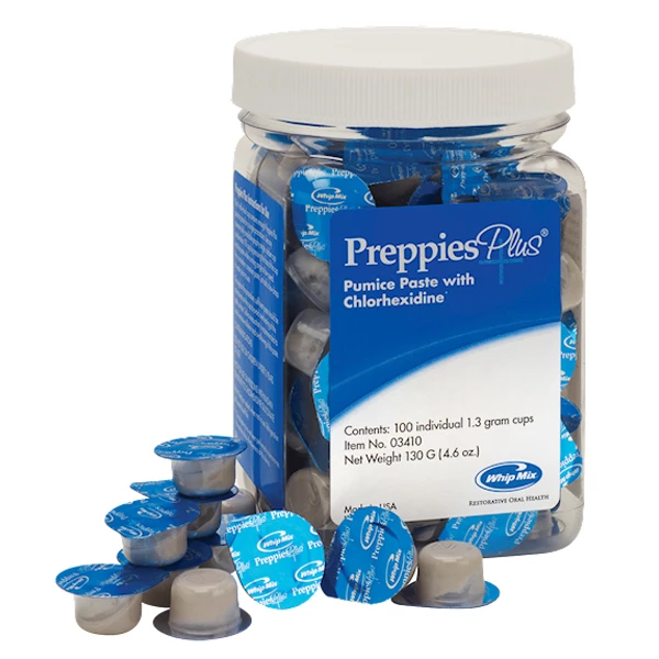 Preppies Plus pumice paste with 2.0% CHG. 100 x 1.3gram/Jar. Single use Cups