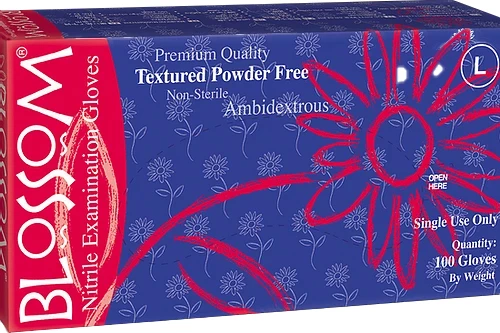 Blossom Nitrile Exam Gloves: LARGE, 100/Bx. DARK BLUE. Textured fingertips