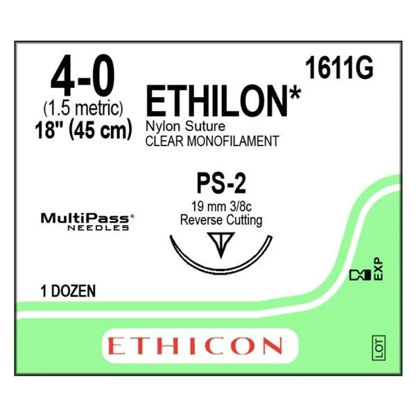 Ethicon Ethilon 4/0, sutura de nylon no absorbible de 18", sin colorante, 12 por caja. Prime