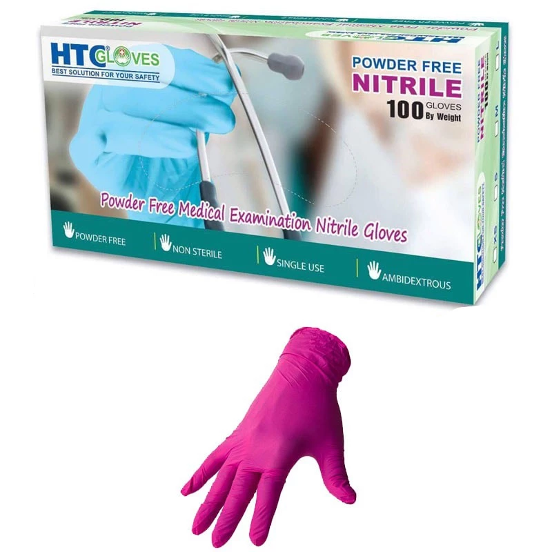 Guantes de examen de nitrilo HTC, rosa, sin polvo, no estériles, tamaño pequeño, 100/paquete.