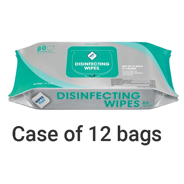 Toallitas desinfectantes WipesPlus de 7" x 8", 12 paquetes de 80. Sin pelusa y altamente efectivas.
