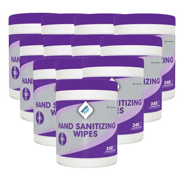 WipesPlus Toalhetes Desinfetantes para Mãos 6" x 6,75" 12x 240/Lata. Aprovado pela FDA, à base de água.