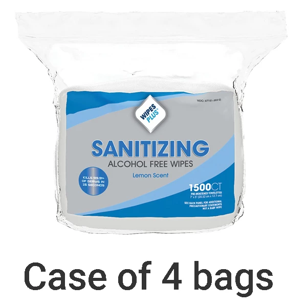 WipesPlus 8"x5" Alcohol Free Hand Sanitizing Wipes Refill: 4x 1500/Bag. Gently