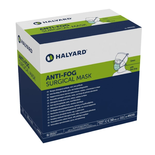 Mascarilla quirúrgica Halyard Anti-Fog, sujeción, BFE/PFE ≥ 99%, verde, 50/unidad por caja. Mascarilla quirúrgica Halyard Anti-Fog, sujeción, BFE/PFE ≥ 99%, verde, 50/unidad por caja.