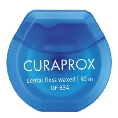 Curaprox DF 834 Dental Floss Waxed, Mint Flavored, 50m in Plastic Dispenser