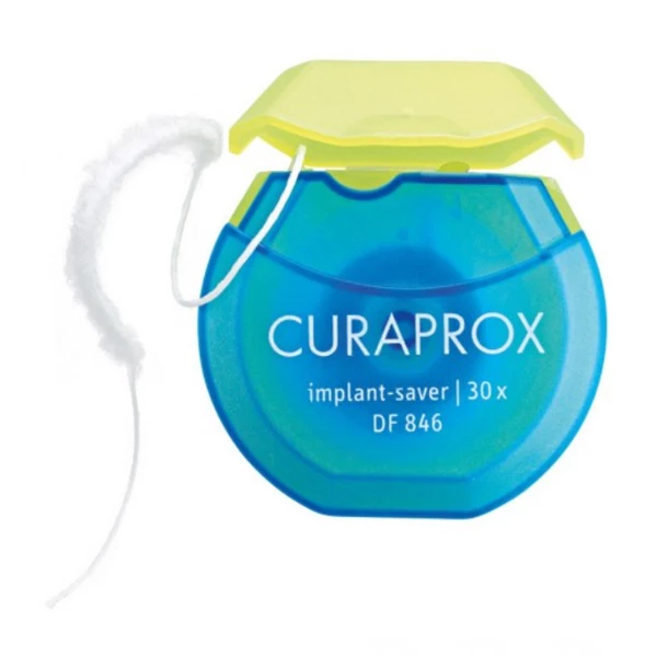 Curaprox DF 845 Implant Saver Zahnseide, 1x Kunststoffspender mit 30 extra-fluffigen Fäden.