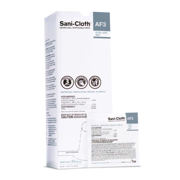 Toallitas germicidas Sani-Cloth AF3, tamaño XL, 11.5" x 11.75", paquetes individuales.