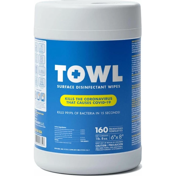 Салфетки для дезинфекции поверхностей TOWL 6" x 6.75", антимикробные, 160 шт. в упаковке. Сделано в США.