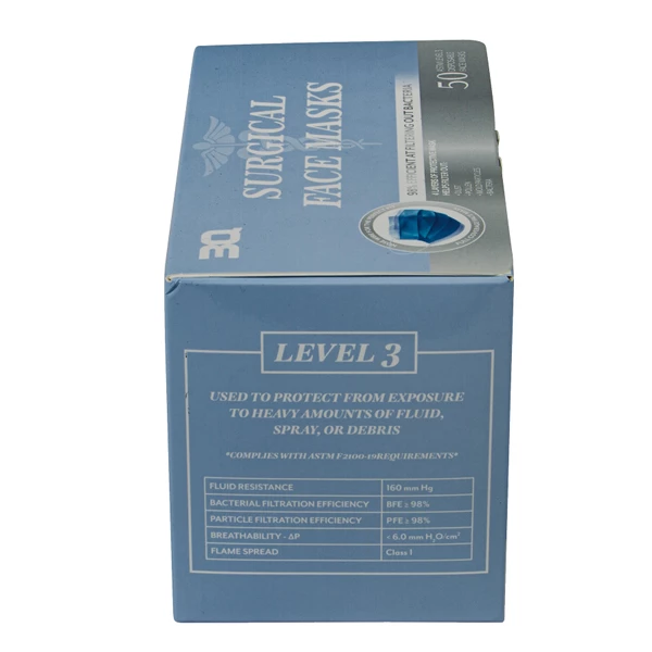 Mascarilla quirúrgica 3Q ASTM Nivel 3 con lazo para la oreja, BFE/PFE ≥ 98%, azul, 50 por caja.