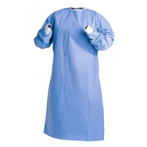 Batas MaxCare SMS con puños de punto, azules, 10 por paquete. Con cintas en la parte posterior, de longitud hasta la rodilla.