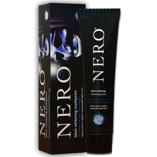 Dentifricio sbiancante NERO Black, tubo da 75 ml. Realizzato con carbone nero e ingredienti biologici.