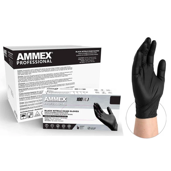 Guantes de Nitrilo Negros Profesionales AMMEX - X-Large, 10x100/Caja, con puño estriado.