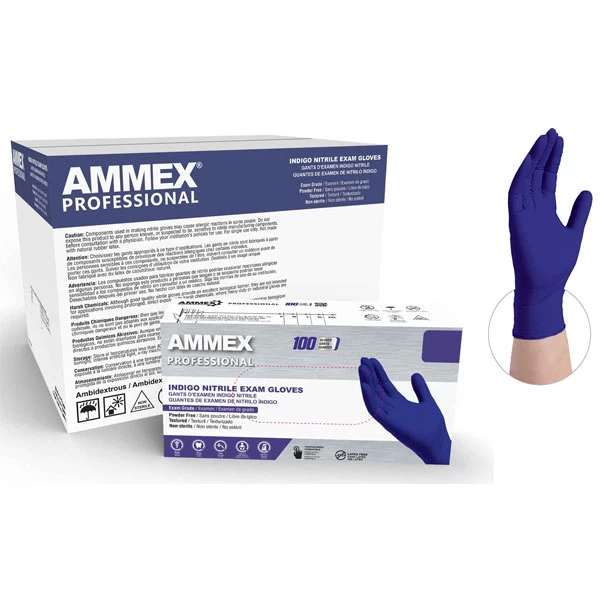 Guantes de examen de nitrilo indigo AMMEX Professional - Medianos, 10x100/caja, con borde.