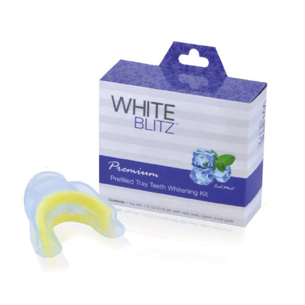 Kit de blanqueamiento dental White Blitz Premium con bandeja prellenada. Uso único, todo en uno.