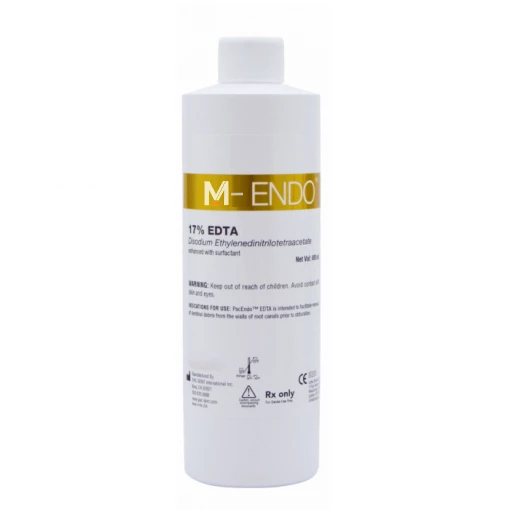 Botella de recarga M-Endo M-Line 17% EDTA, 480 ml, con conectores Luer-Lock integrados.
