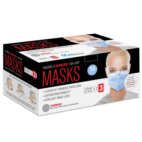 Mascarilla Uniguard Fluidbloq ASTM Nivel 3 con orejeras, 4 capas, AZUL, 50 unidades por paquete. Con soporte para nariz y mentón.