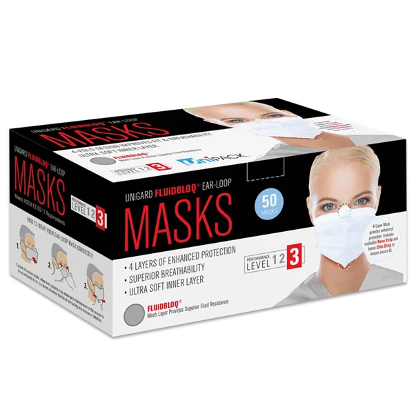 Uniguard Fluidbloq ASTM Level 3 Earloop Mask 4-Ply, WHITE 50/Pk. Nose&Chin Uniguard Fluidbloq ASTM Level 3 Earloop Mask 4-Ply, WHITE 50/Pk. Nose&Chin