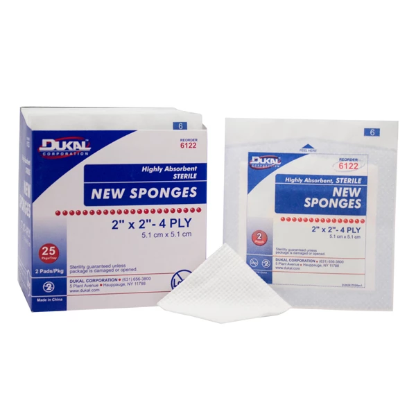 Dukal 2" x 2" 4-lagige sterile Vliesstoffe, 2 Schwämme pro Packung, Box mit 25 Stück.