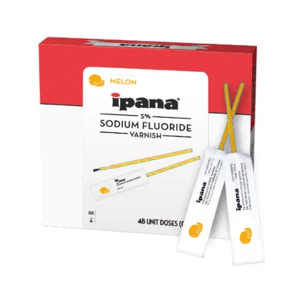 ipana 5% Sodium Fluoride Varnish - Melon 48x 0.3ml Doses per Box. White varnish