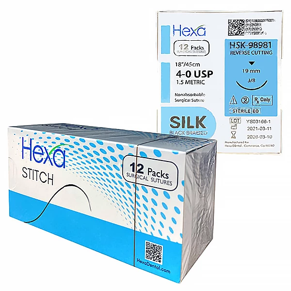 Hexa 4/0, 18" Silk Black Braided Sutures with C6 Reverse Cutting Needle, 12/Box