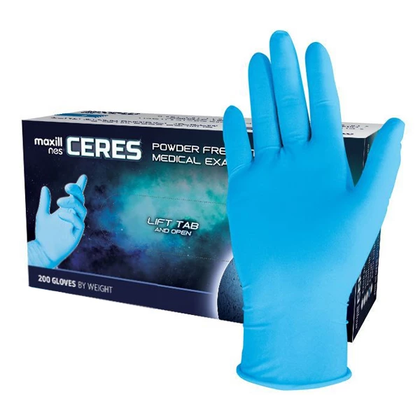 Guantes de examen médico de nitrilo sin polvo CERES Thin, azules - MEDIANO, 200/ caja.