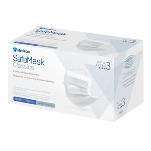 Mascarilla facial SafeMask Classics ASTM Nivel 3 con lazo para la oreja, BFE/PFE ≥ 98%, blanca, 50/unidad.