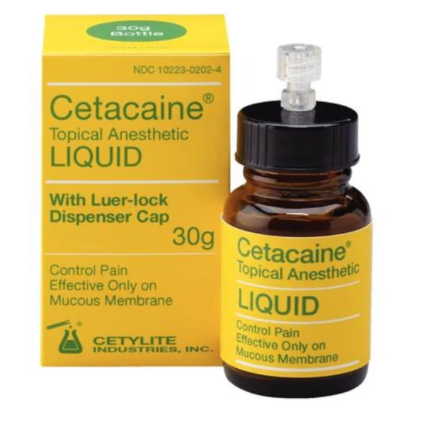 Cetacaine líquido anestésico tópico 30 g. Botella. Fórmula de triple acción.
