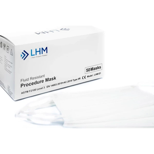 Маска с ушными петлями LHM ASTM уровня 3, BFE/PFE ≥ 98%, белая, упаковка из 40 коробок по 50 масок в каждой.