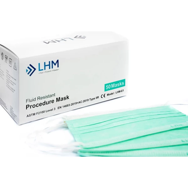 LHM ASTM Level 3 Procedure Earloop Mask, BFE/PFE ≥ 98%, Green, Case of 40 Boxes with 50 Masks per Box.